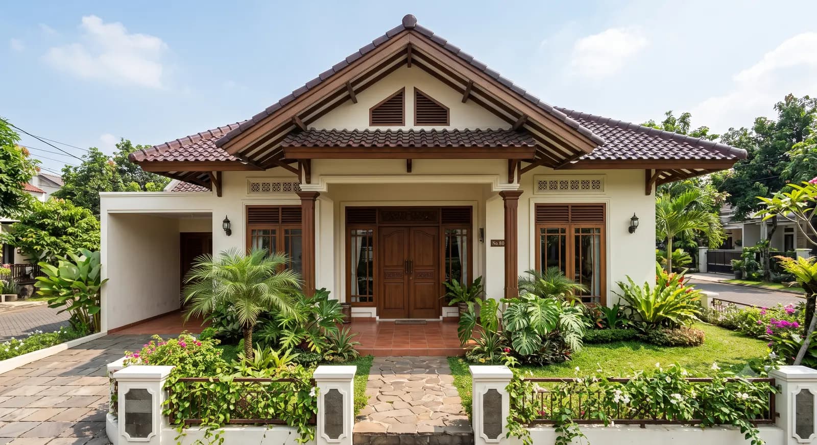 Rumah lama beratap joglo dengan ukiran kayu di bagian pintu, dikelilingi tanaman hijau dan pagar tembok rendah
